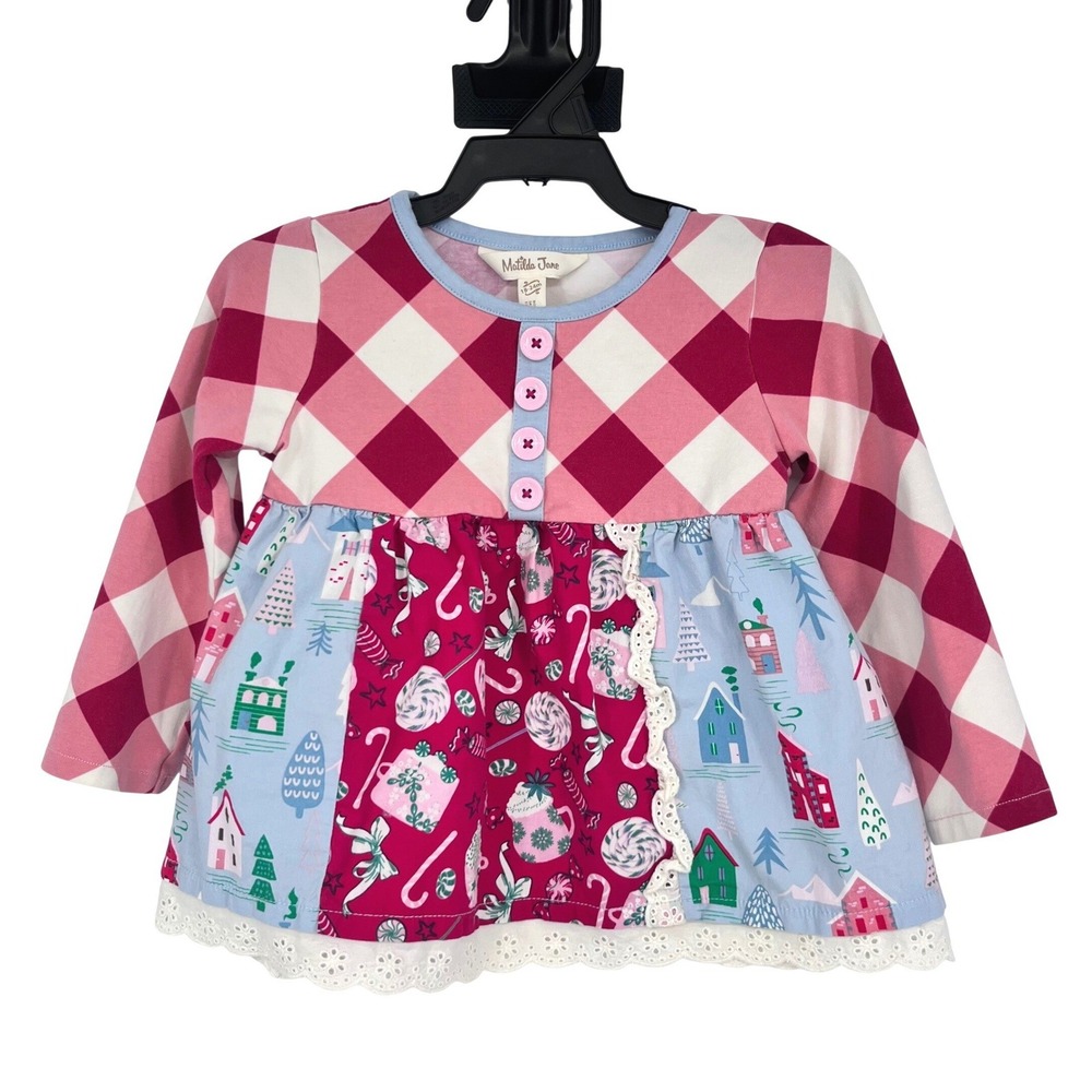 Matilda Jane Tunic Top Girl 18-24M Pink Diamond Check Winter Village Mixed Print